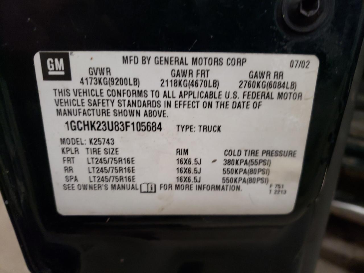 Photo 10 from auction – 2003 CHEVROLET SILVERADO with VIN 1GCHK23U83F105684