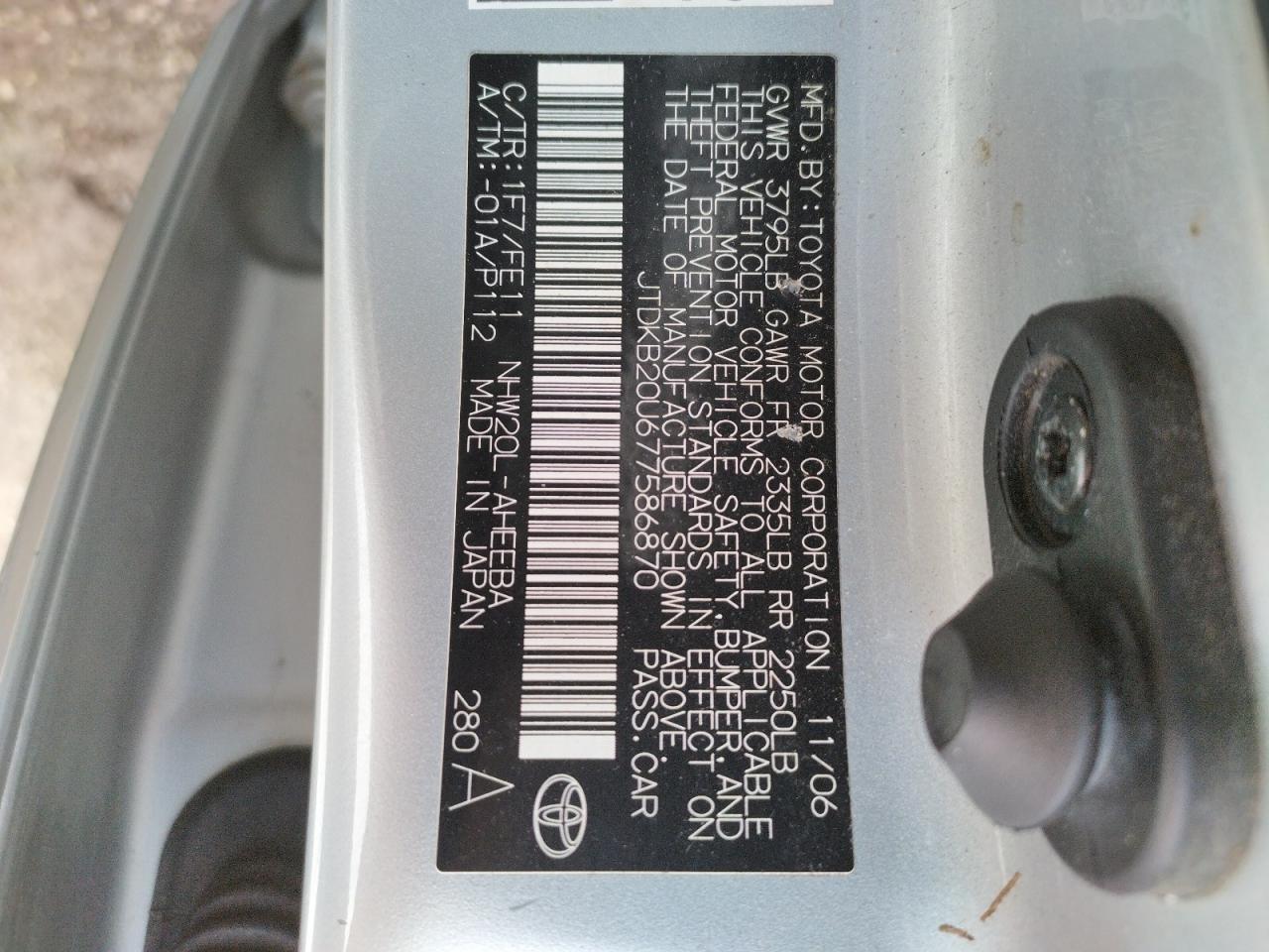 Foto 10 de la subasta – 2007 TOYOTA PRIUS con VIN JTDKB20U677586870