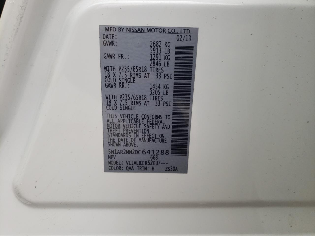 Photo 10 from auction – 2013 NISSAN PATHFINDER with VIN 5N1AR2MN2DC641288