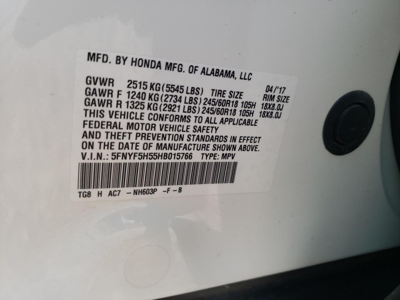 Photo 10 from auction – 2017 HONDA PILOT EXL with VIN 5FNYF5H55HB015766