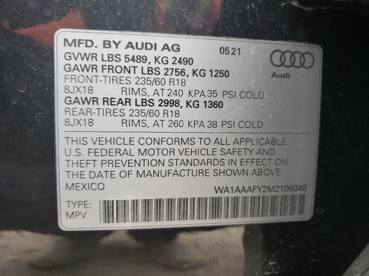 Photo 10 from auction – 2021 AUDI Q5 PREMIUM with VIN WA1AAAFY2M2106040