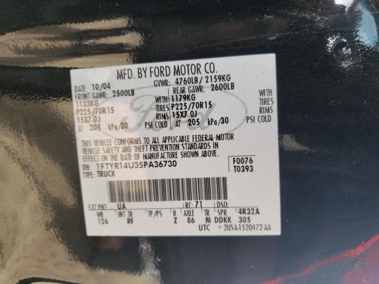 Photo 10 from auction – 2005 FORD RANGER SUP with VIN 1FTYR14U35PA36730