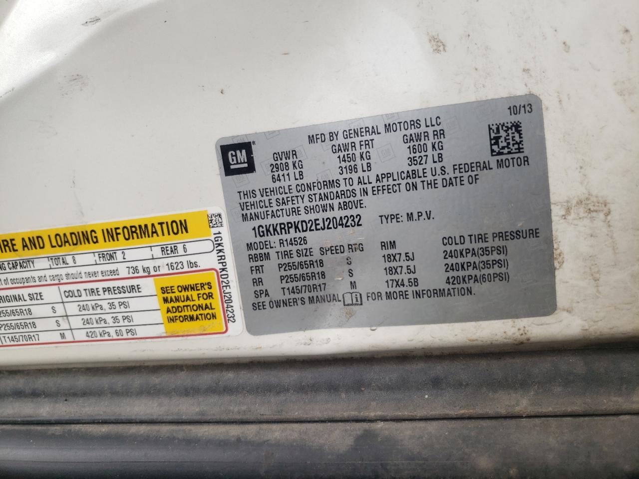 Photo 10 from auction – 2014 GMC ACADIA SLE with VIN 1GKKRPKD2EJ204232