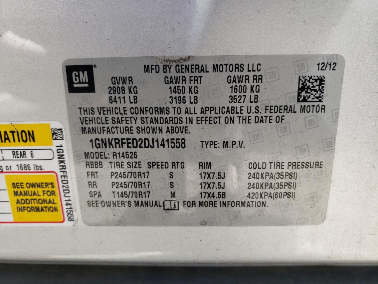 Photo 10 from auction – 2013 CHEVROLET TRAVERSE L with VIN 1GNKRFED2DJ141558