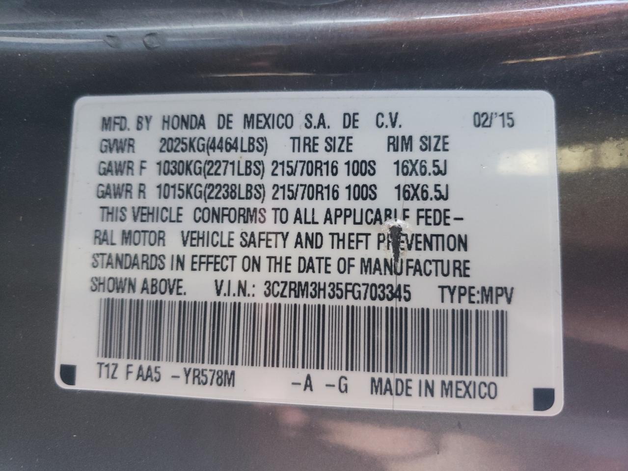 Photo 10 from auction – 2015 HONDA CR-V LX with VIN 3CZRM3H35FG703345
