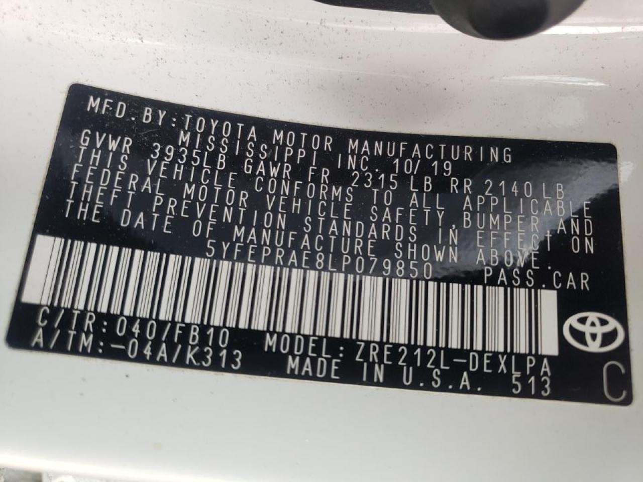 Photo 10 from auction – 2020 TOYOTA COROLLA LE with VIN 5YFEPRAE8LP079850