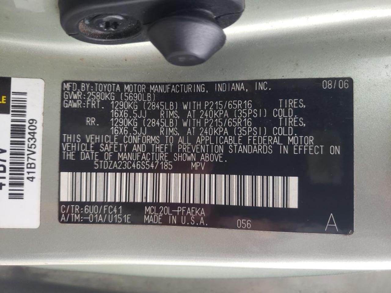 Photo 10 from auction – 2006 TOYOTA SIENNA CE with VIN 5TDZA23C46S547185