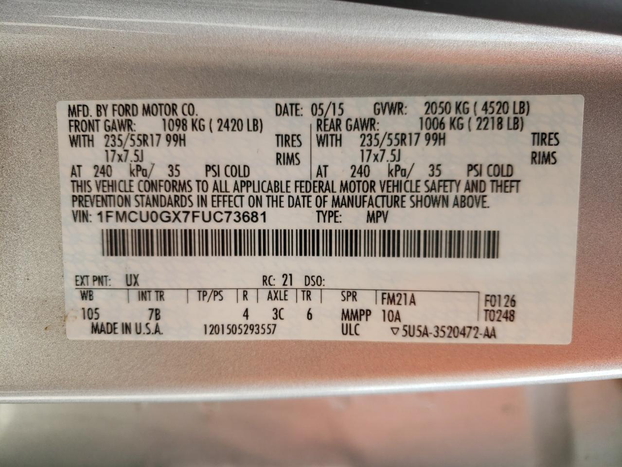 Photo 10 from auction – 2015 FORD ESCAPE SE with VIN 1FMCU0GX7FUC73681
