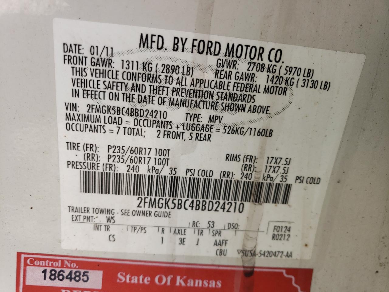 Photo 10 from auction – 2011 FORD FLEX SE with VIN 2FMGK5BC4BBD24210