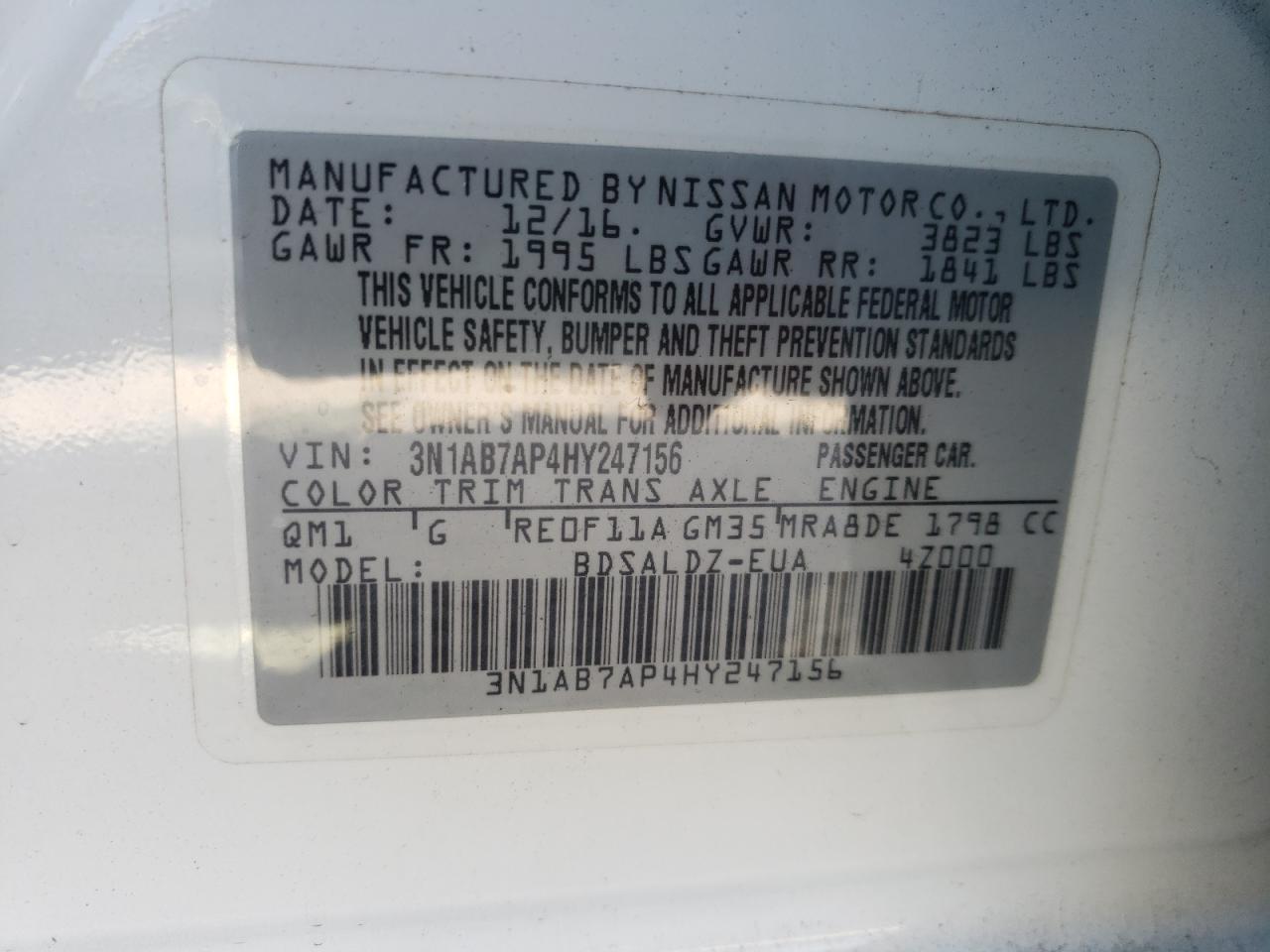 Photo 10 from auction – 2017 NISSAN SENTRA S with VIN 3N1AB7AP4HY247156
