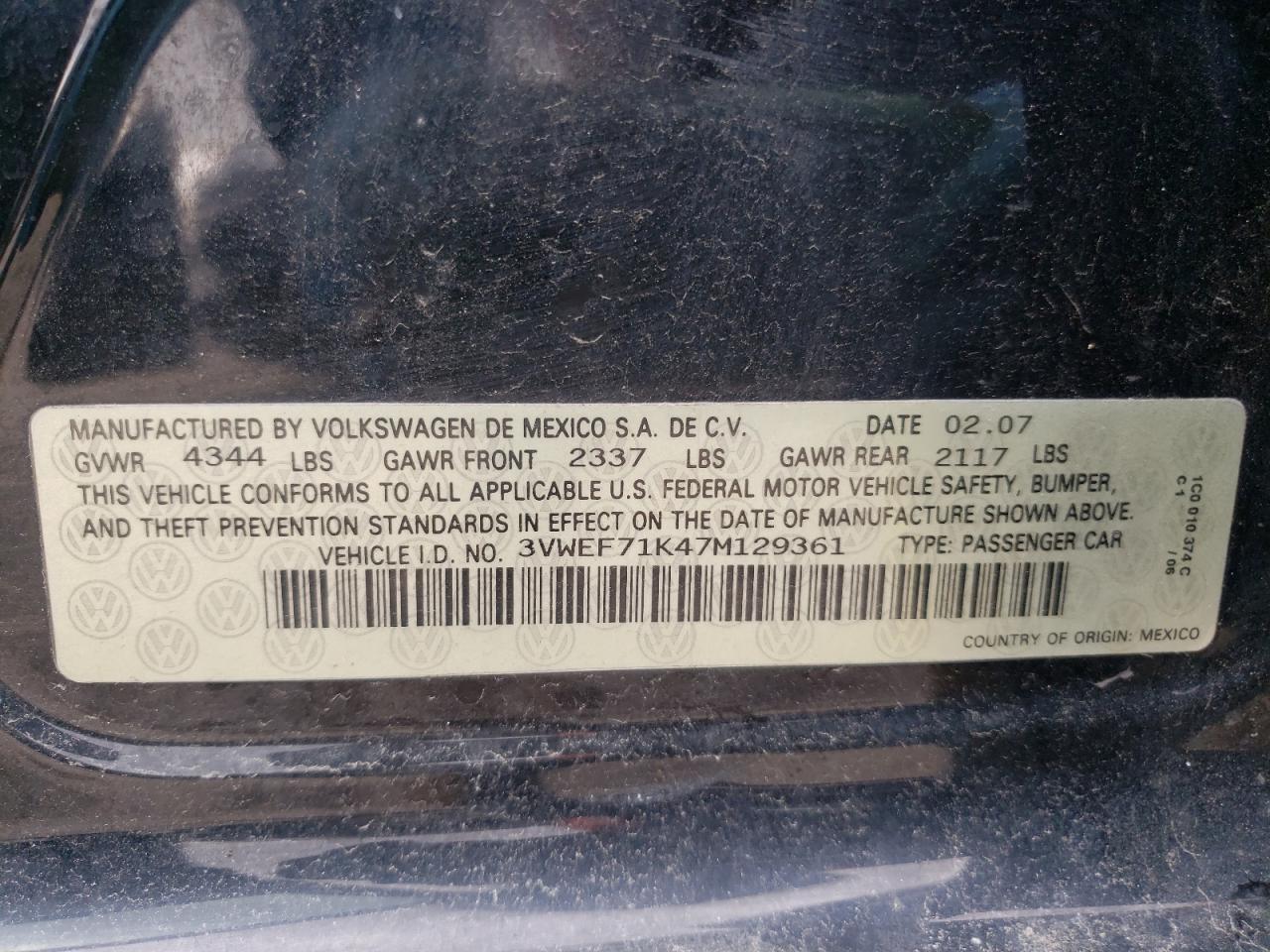 Photo 10 from auction – 2007 VOLKSWAGEN JETTA WOLF with VIN 3VWEF71K47M129361