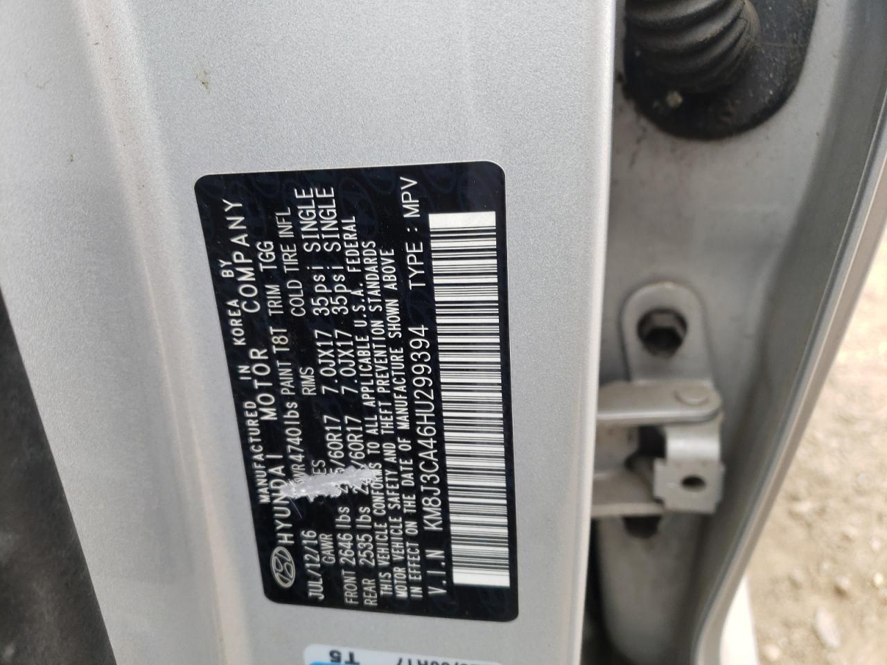 Photo 10 from auction – 2017 HYUNDAI TUCSON LIM with VIN KM8J3CA46HU299394