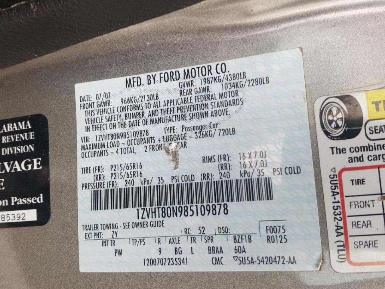 Photo 10 from auction – 2008 FORD MUSTANG with VIN 1ZVHT80N985109878