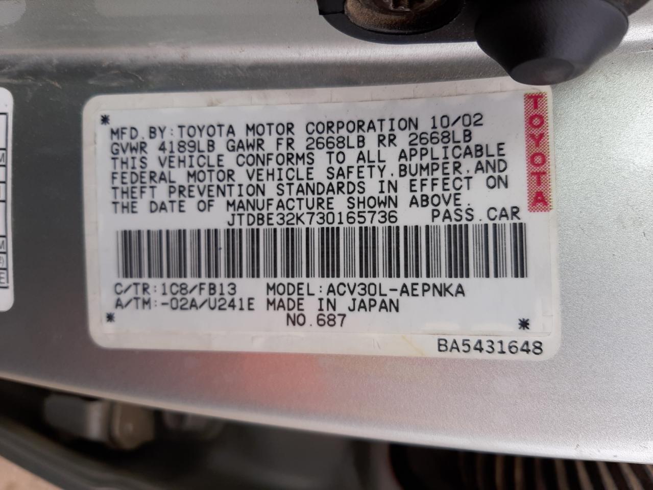 Photo 10 from auction – 2003 TOYOTA CAMRY LE with VIN JTDBE32K730165736