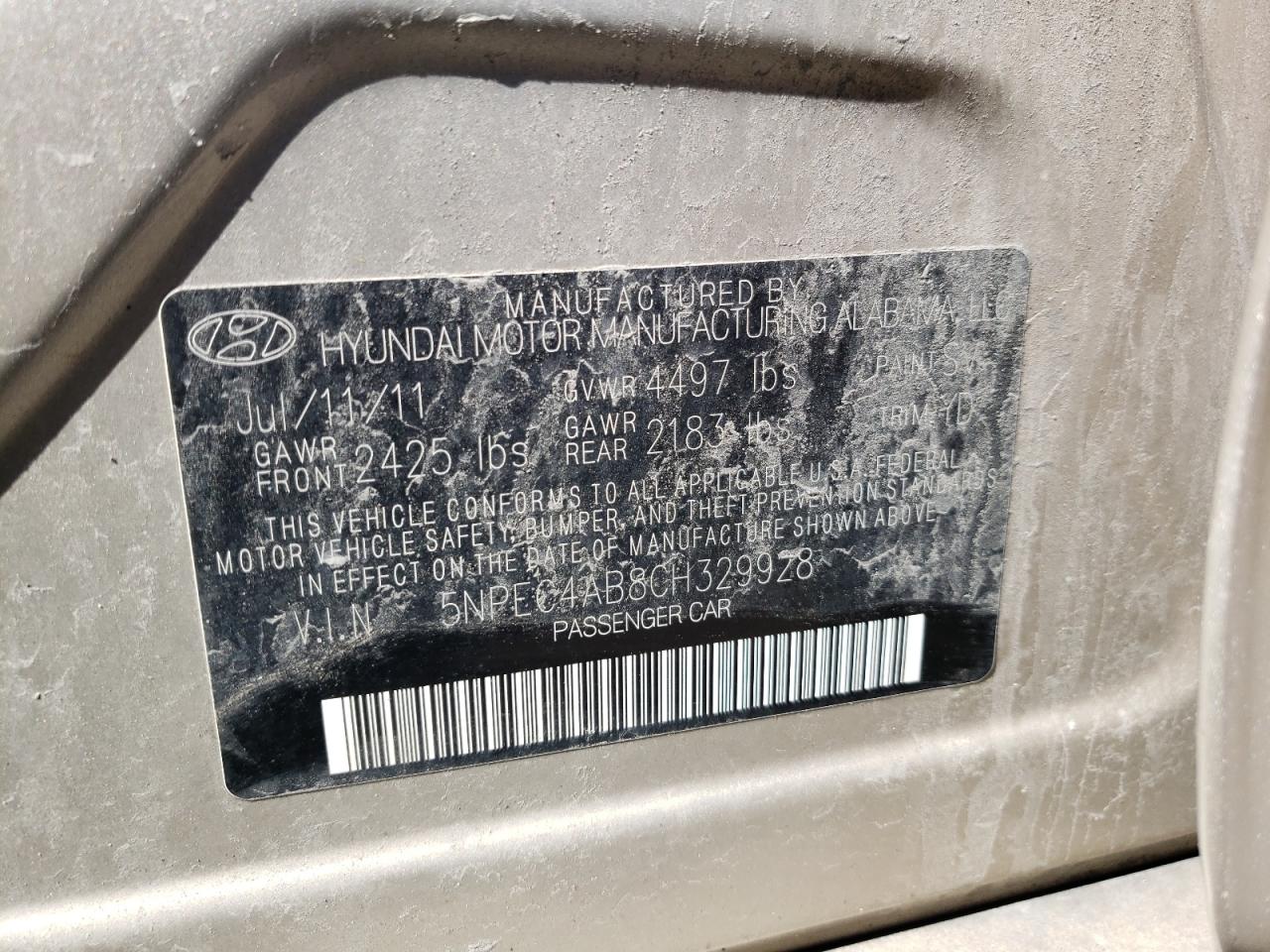 Photo 10 from auction – 2012 HYUNDAI SONATA SE with VIN 5NPEC4AB8CH329928