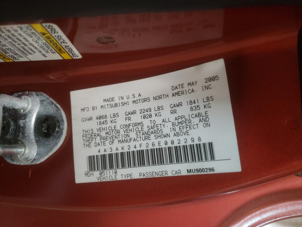 Photo 10 from auction – 2006 MITSUBISHI ECLIPSE GS with VIN 4A3AK24F26E002298