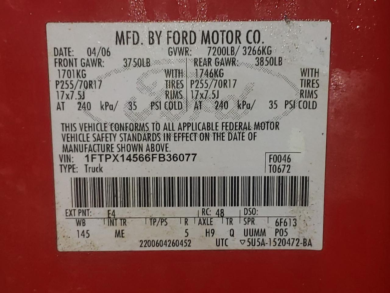 Zdjęcie 10 z aukcji – 2006 FORD F150 z VIN 1FTPX14566FB36077