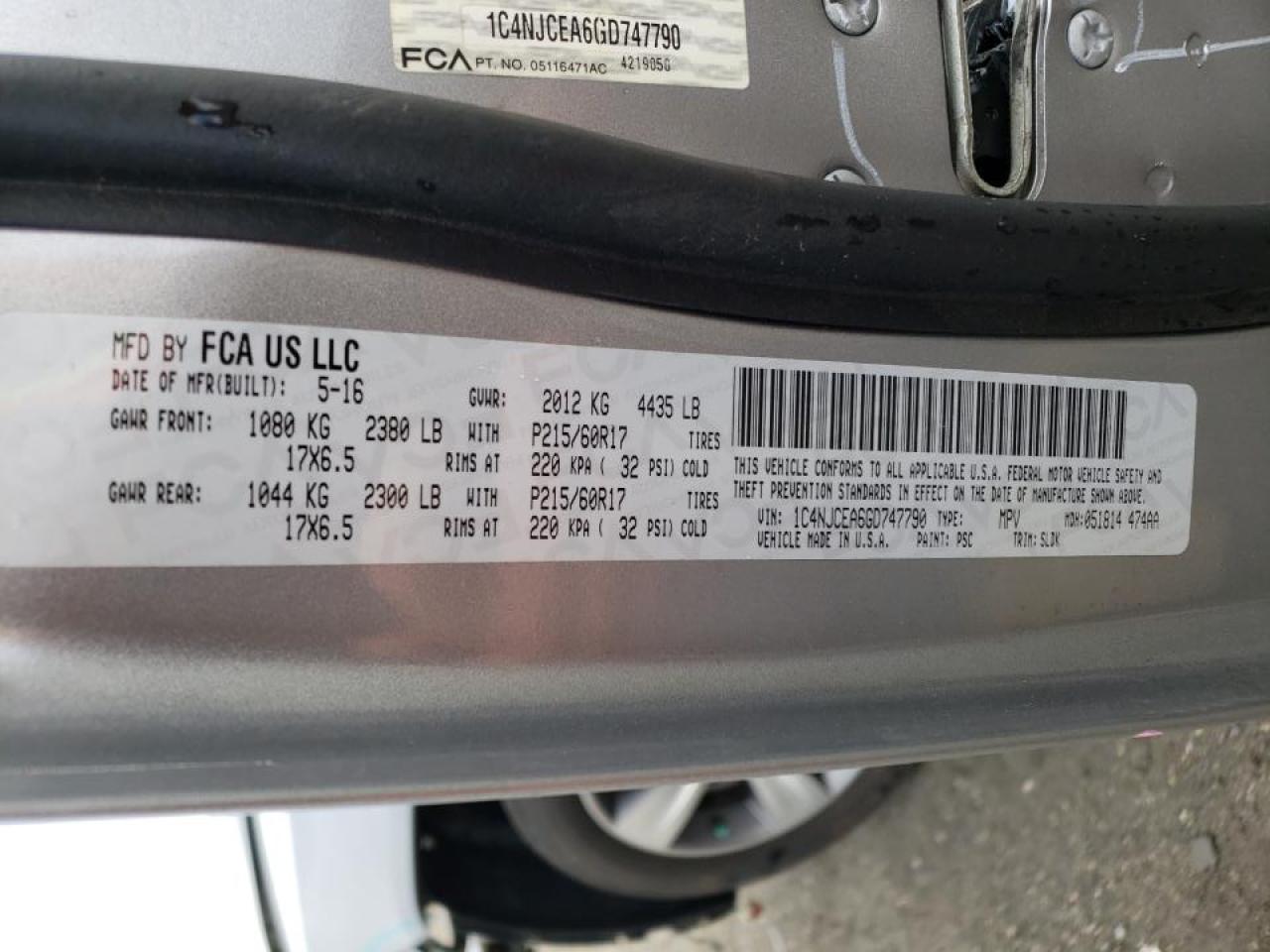Photo 10 from auction – 2016 JEEP COMPASS LA with VIN 1C4NJCEA6GD747790
