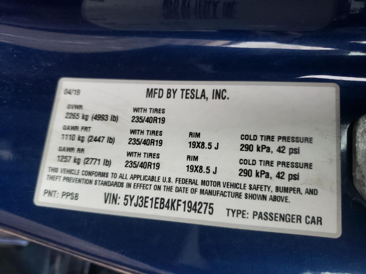 Photo 10 from auction – 2019 TESLA MODEL 3 with VIN 5YJ3E1EB4KF194275