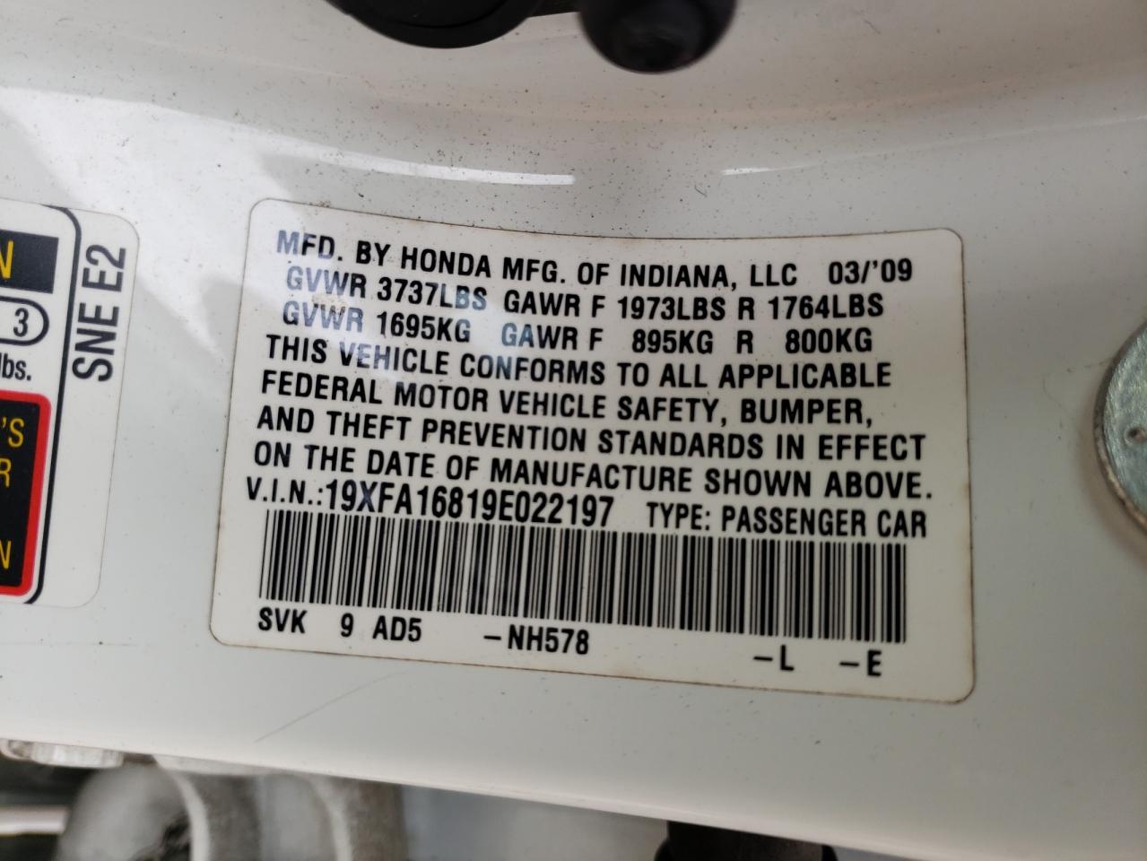 Photo 10 from auction – 2009 HONDA CIVIC EX with VIN 19XFA16819E022197