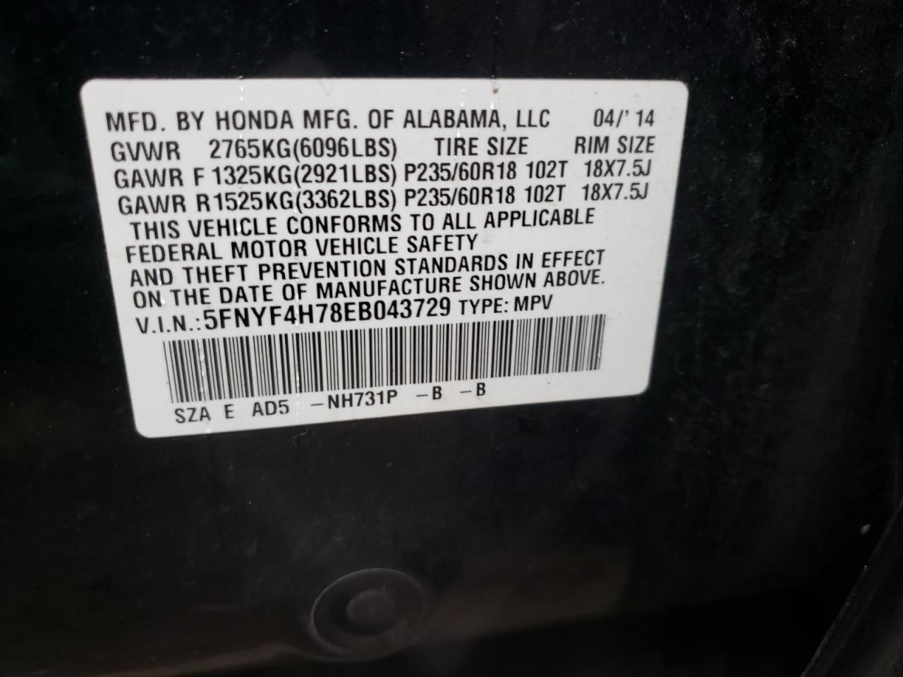 Photo 10 from auction – 2014 HONDA PILOT EXLN with VIN 5FNYF4H78EB043729