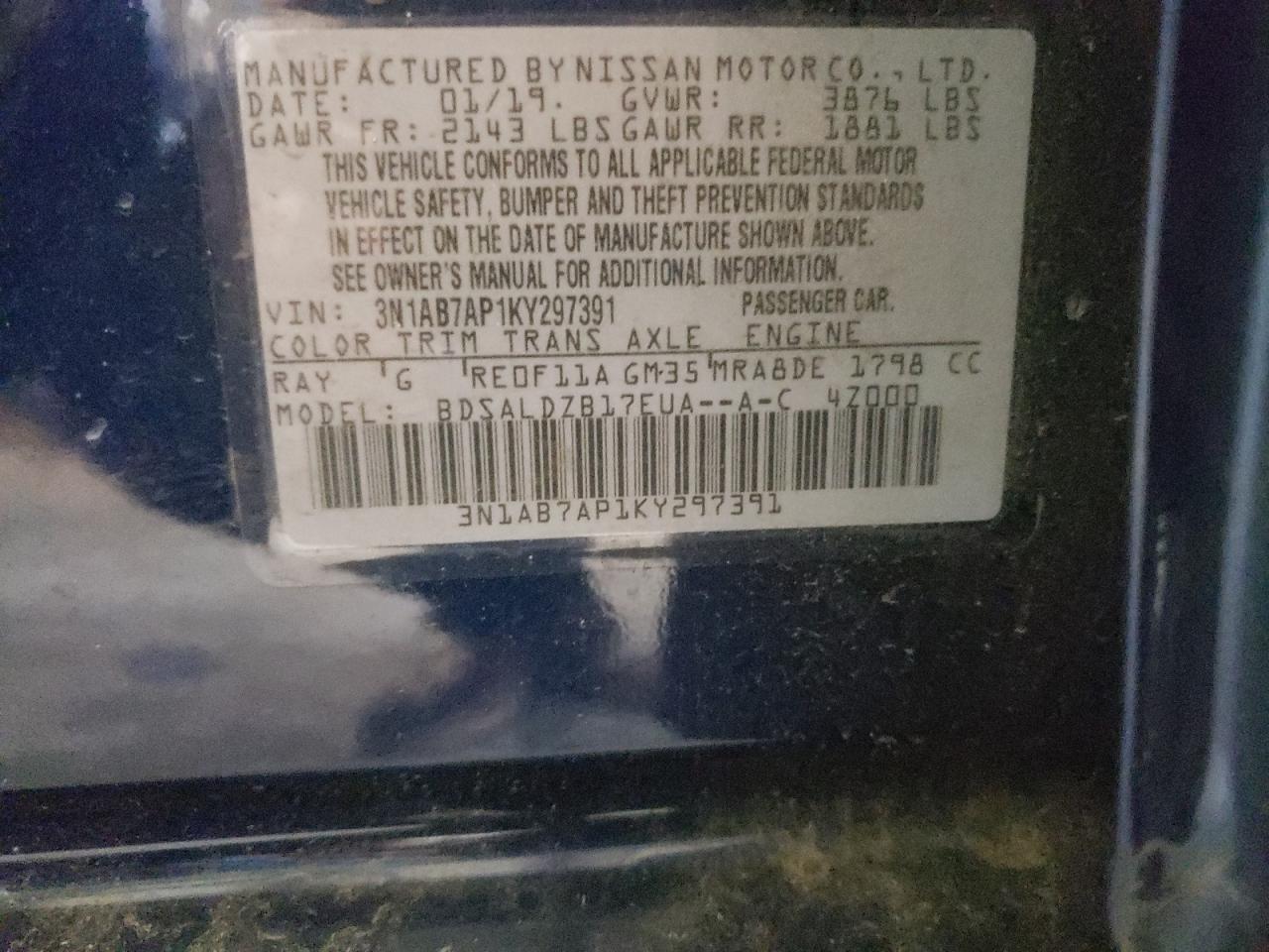 Photo 10 from auction – 2019 NISSAN SENTRA S with VIN 3N1AB7AP1KY297391