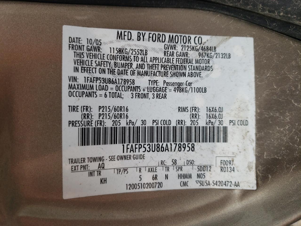 Photo 10 from auction – 2006 FORD TAURUS SE with VIN 1FAFP53U86A178958