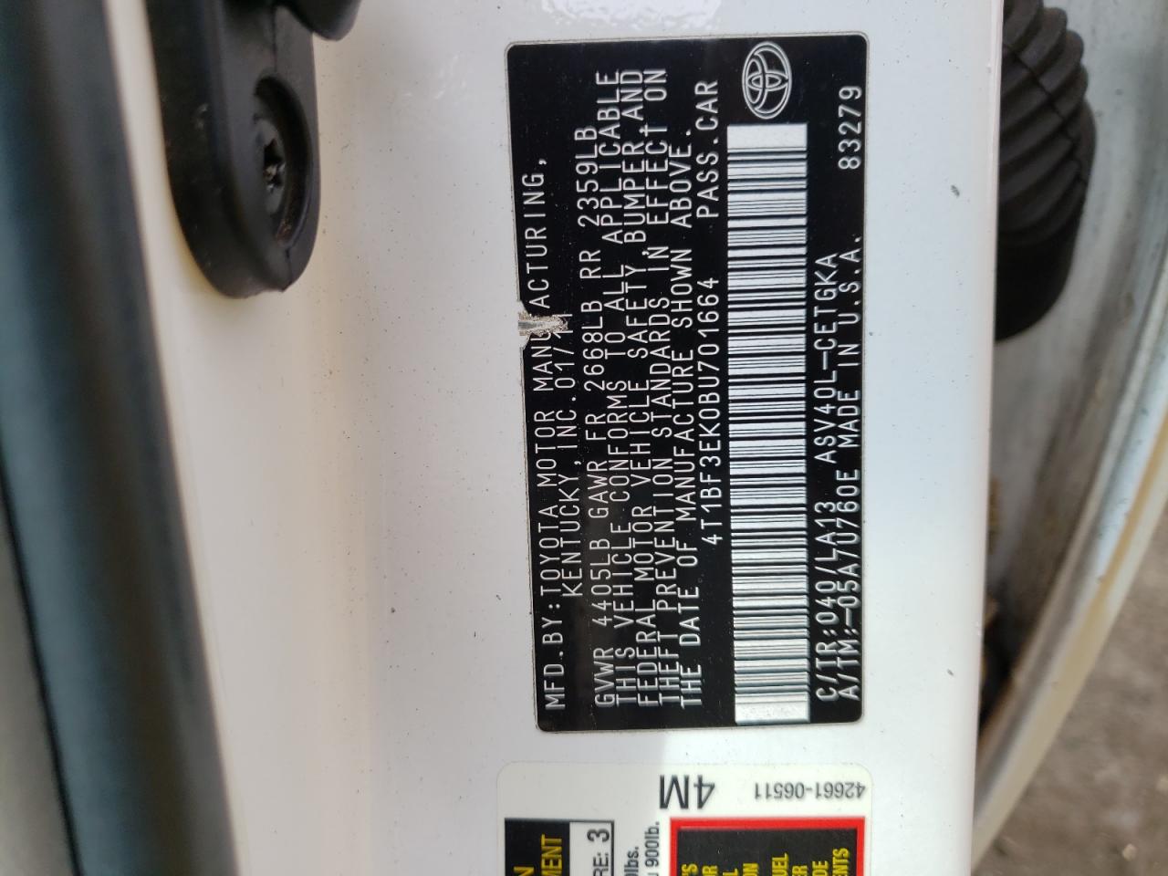 Фото 10 с аукциона – 2011 TOYOTA CAMRY BASE с VIN 4T1BF3EK0BU701664