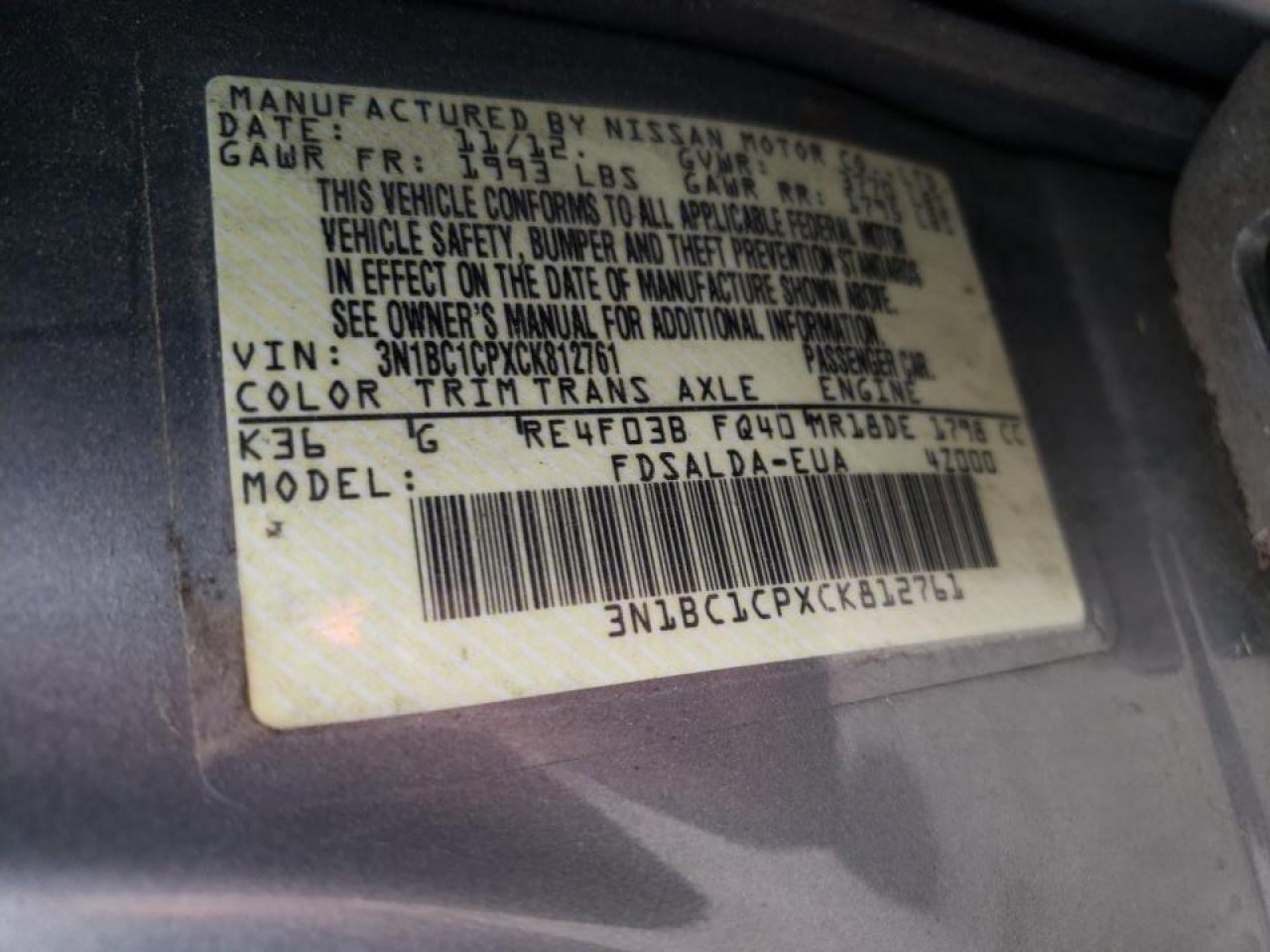 Photo 10 from auction – 2012 NISSAN VERSA S with VIN 3N1BC1CPXCK812761