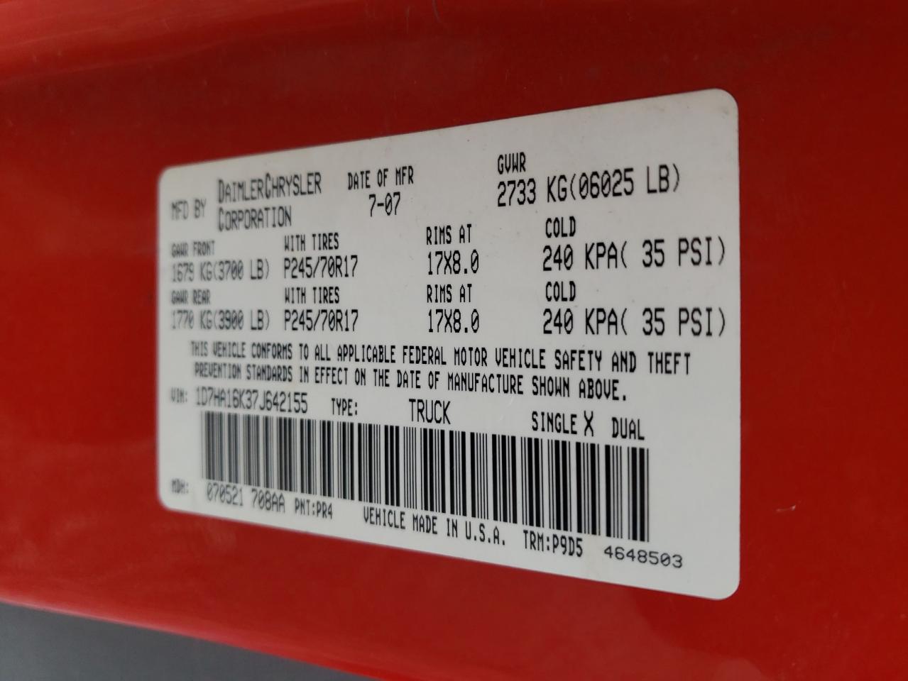 Photo 10 from auction – 2007 DODGE RAM 1500 S with VIN 1D7HA16K37J642155