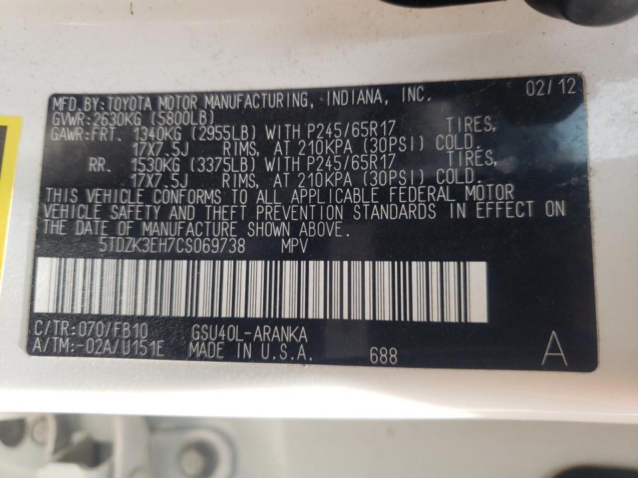 Photo 10 from auction – 2012 TOYOTA HIGHLANDER with VIN 5TDZK3EH7CS069738