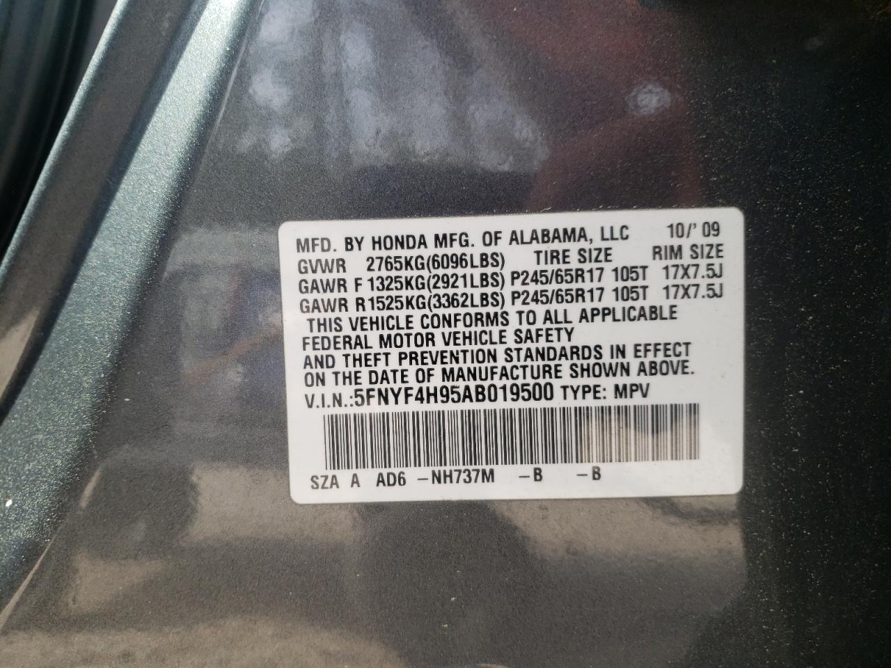 Photo 10 from auction – 2010 HONDA PILOT TOUR with VIN 5FNYF4H95AB019500