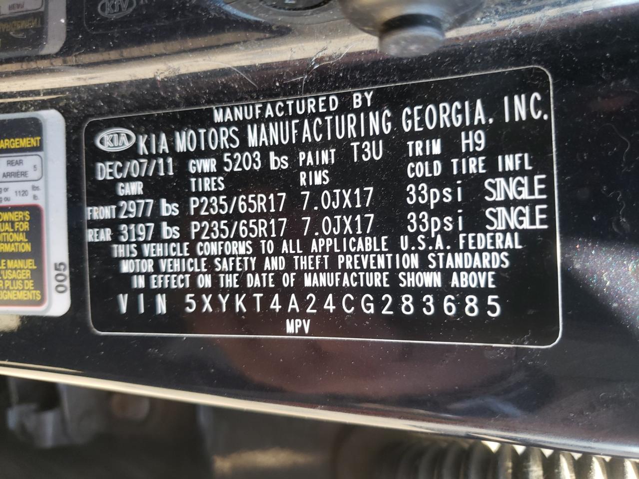Photo 10 from auction – 2012 KIA SORENTO BA with VIN 5XYKT4A24CG283685