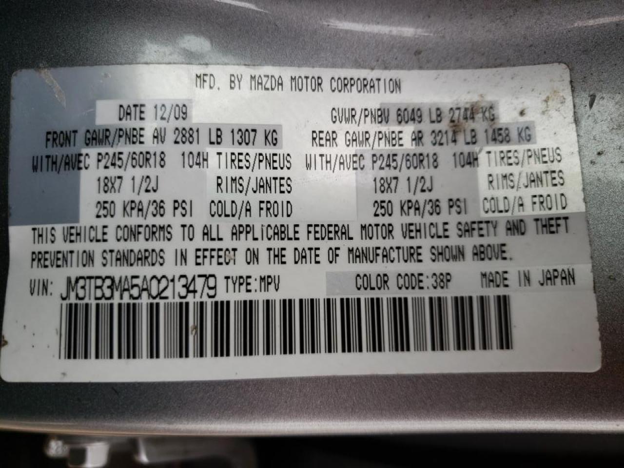 Photo 10 from auction – 2010 MAZDA CX-9 with VIN JM3TB3MA5A0213479