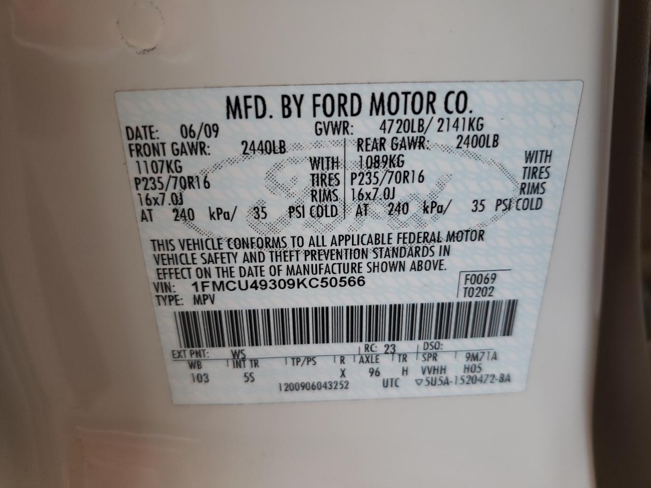 Photo 10 from auction – 2009 FORD ESCAPE HYB with VIN 1FMCU49309KC50566