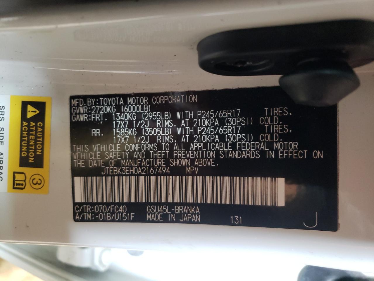 Photo 10 from auction – 2010 TOYOTA HIGHLANDER with VIN JTEBK3EH0A2167494
