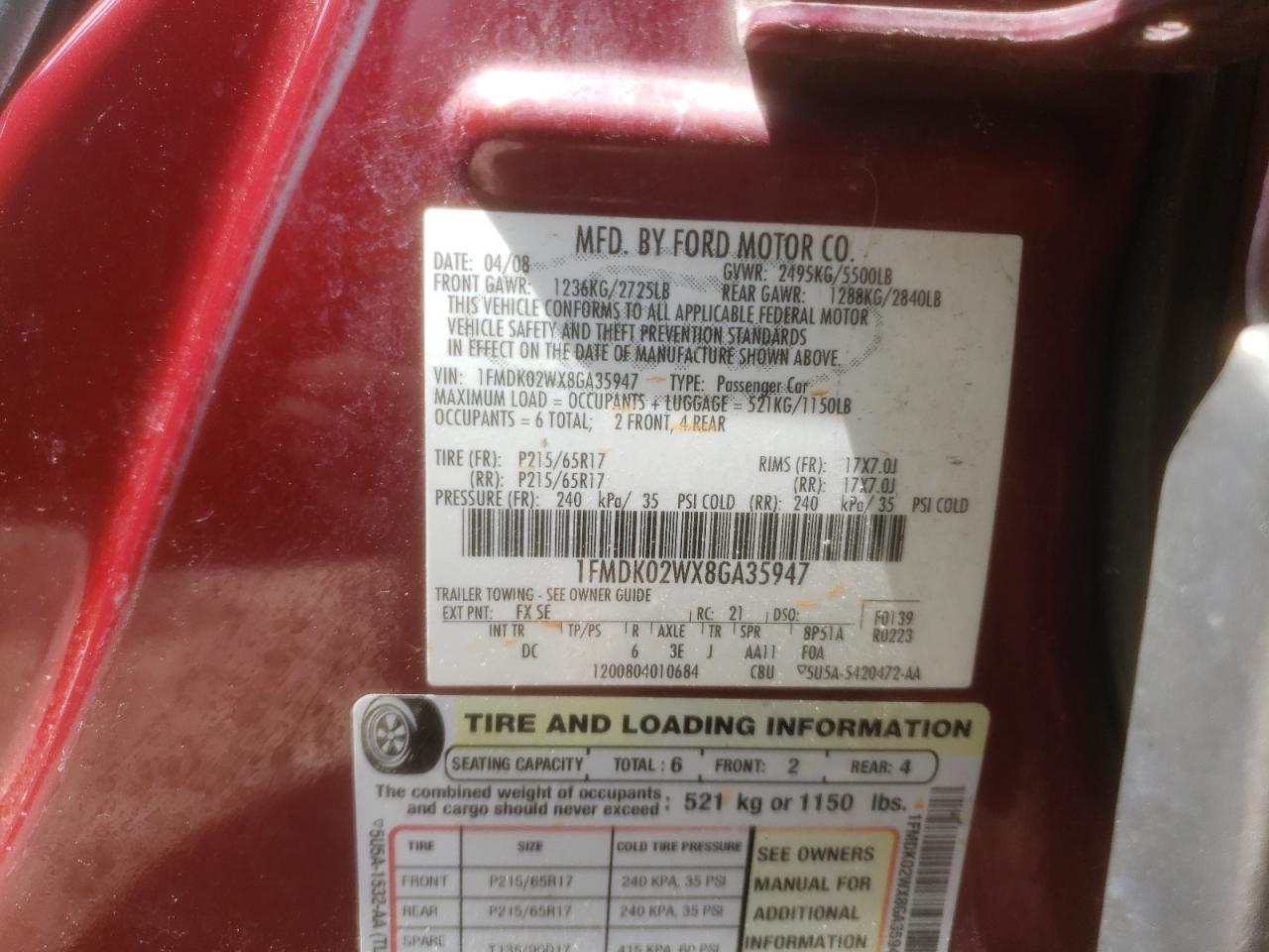 Photo 10 from auction – 2008 FORD TAURUS X S with VIN 1FMDK02WX8GA35947