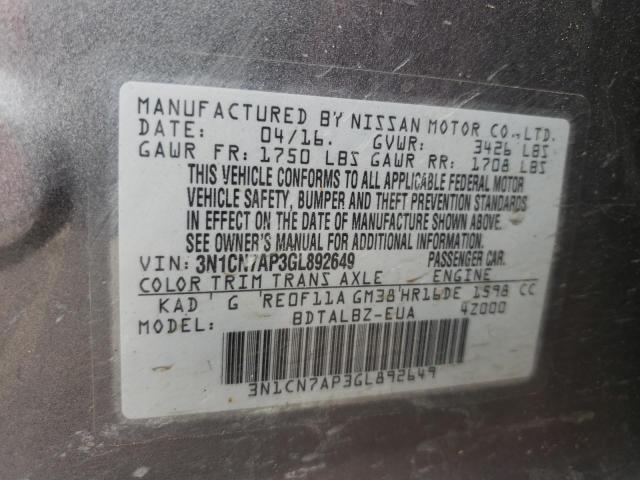 Photo 10 from auction – 2016 NISSAN VERSA S with VIN 3N1CN7AP3GL892649
