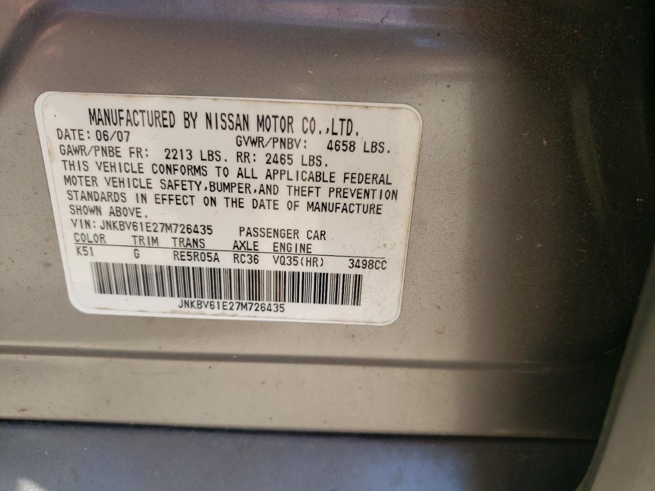 Photo 10 from auction – 2007 INFINITI G35 with VIN JNKBV61E27M726435