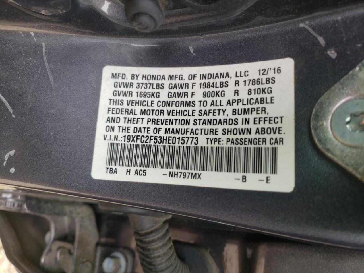 Photo 10 from auction – 2017 HONDA CIVIC LX with VIN 19XFC2F53HE015773