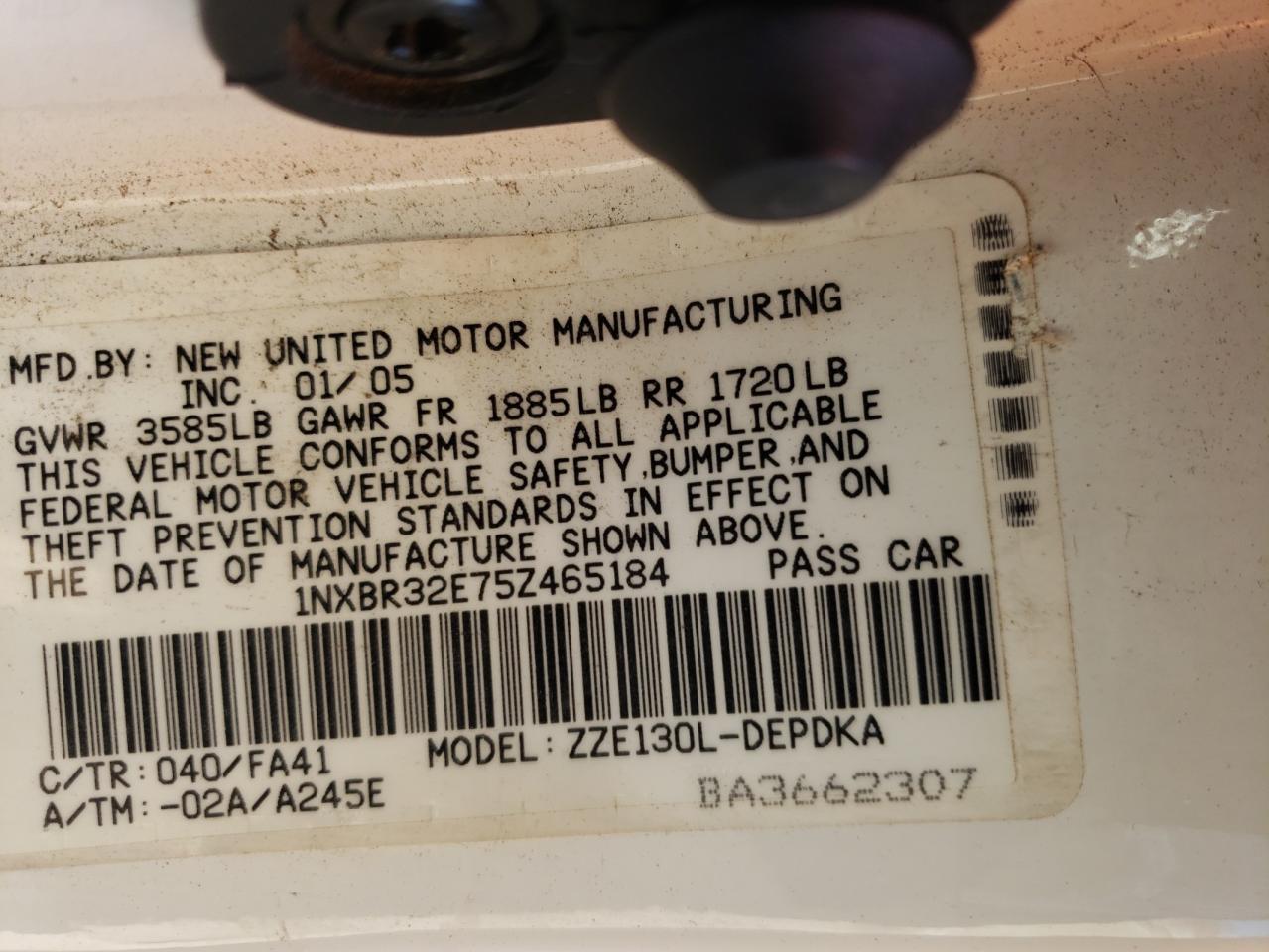 Photo 10 from auction – 2005 TOYOTA COROLLA CE with VIN 1NXBR32E75Z465184