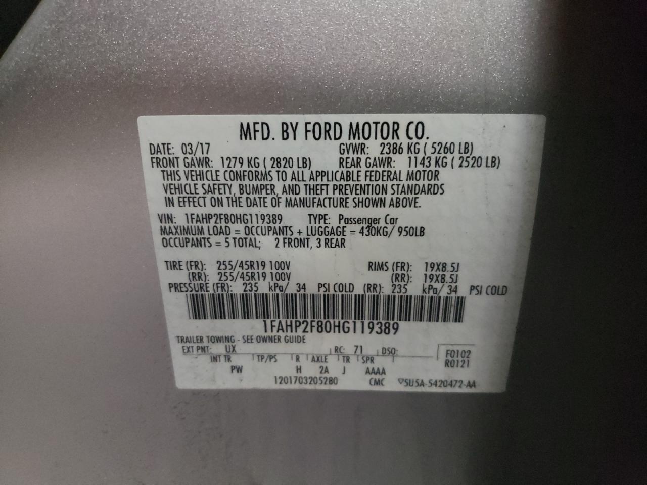 Photo 10 from auction – 2017 FORD TAURUS LIM with VIN 1FAHP2F80HG119389