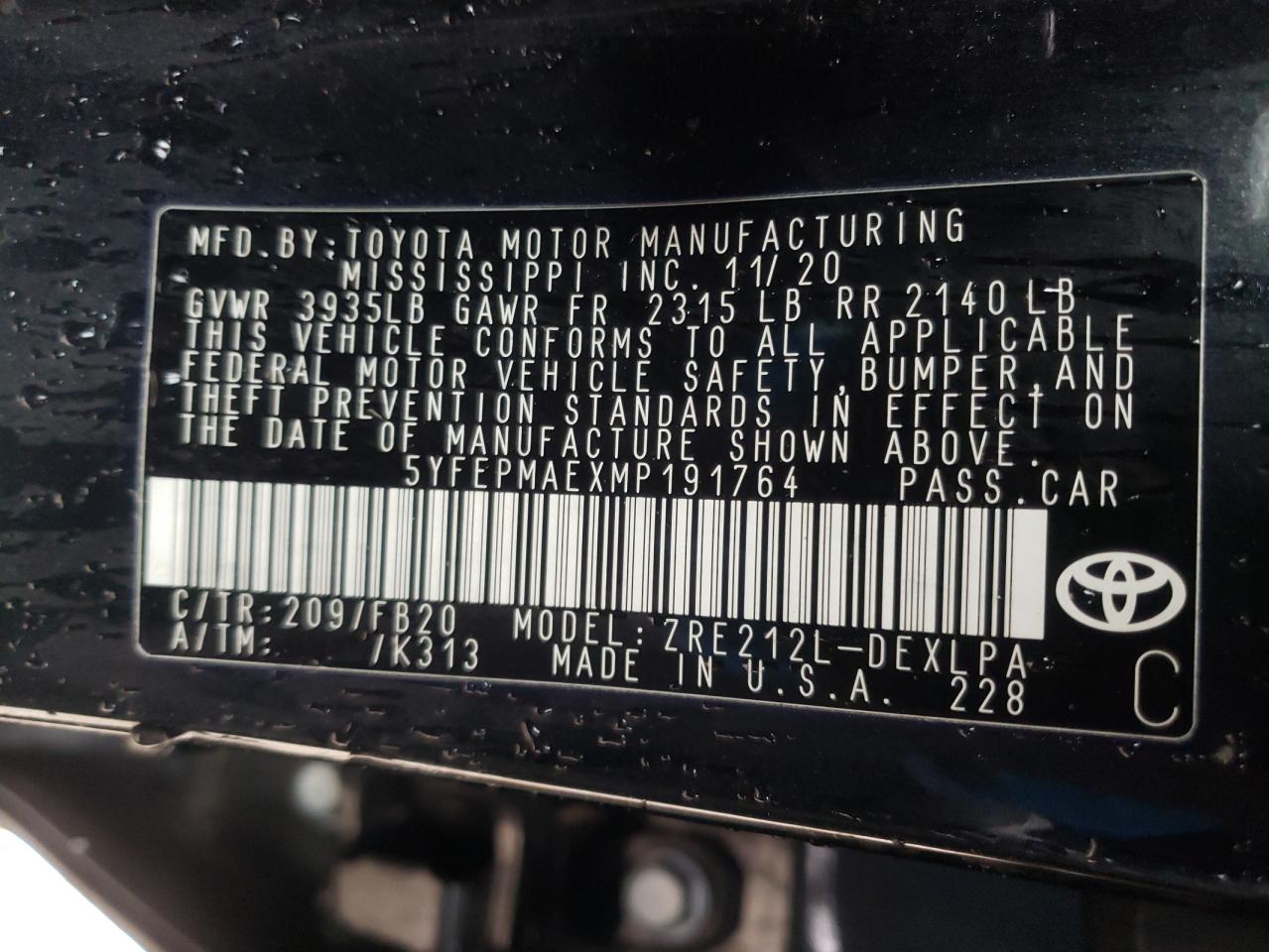 Photo 10 from auction – 2021 TOYOTA COROLLA LE with VIN 5YFEPMAEXMP191764