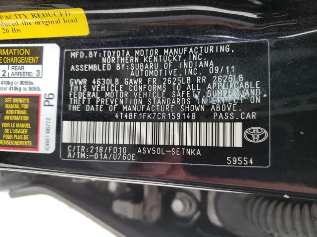 Photo 10 from auction – 2012 TOYOTA CAMRY BASE with VIN 4T4BF1FK7CR159148