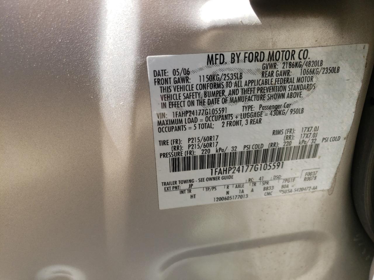 Photo 10 from auction – 2007 FORD FIVE HUNDR with VIN 1FAHP24177G105591