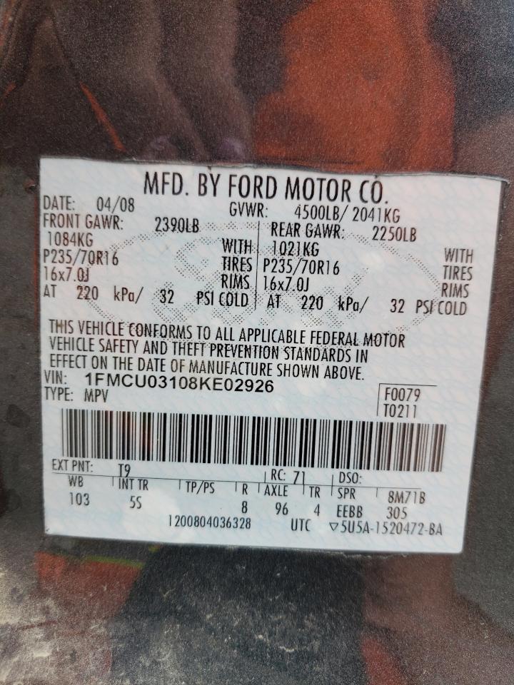 Photo 10 from auction – 2008 FORD ESCAPE XLT with VIN 1FMCU03108KE02926