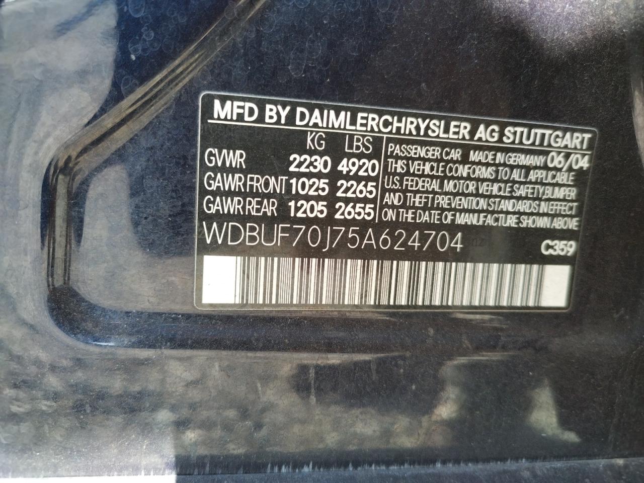 Photo 10 from auction – 2005 MERCEDES-BENZ E 500 with VIN WDBUF70J75A624704