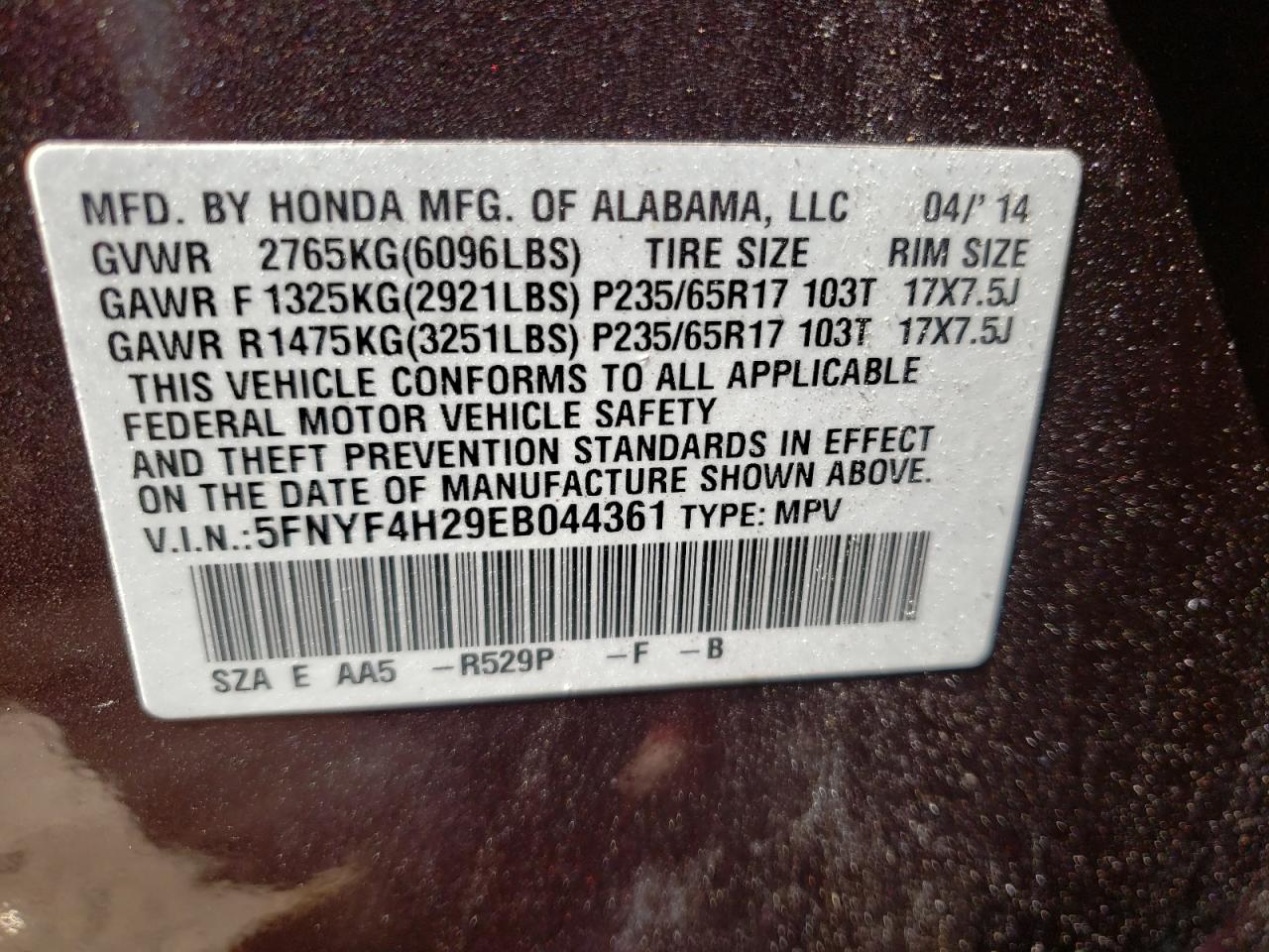 Photo 10 from auction – 2014 HONDA PILOT LX with VIN 5FNYF4H29EB044361