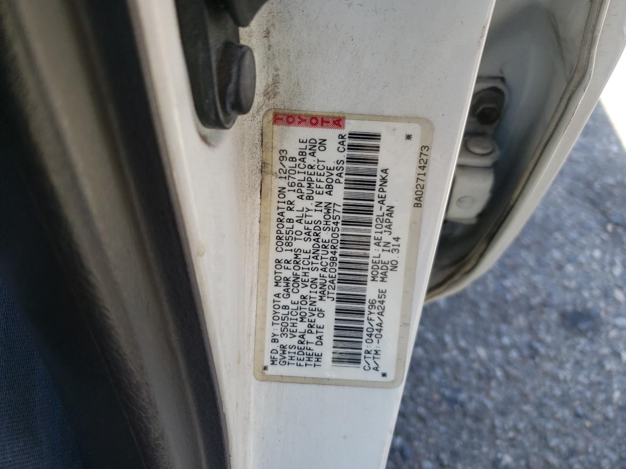 Photo 10 from auction – 1994 TOYOTA COROLLA LE with VIN JT2AE09B4R0054577