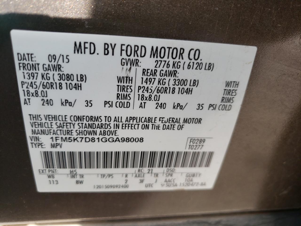 Photo 10 from auction – 2016 FORD EXPLORER X with VIN 1FM5K7D81GGA98008